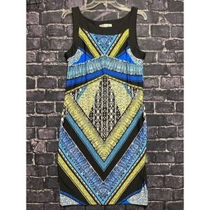 AA Studio AA Dress Womens 8 Blue Yellow Black Geometric Sleeveless Bodycon Knee